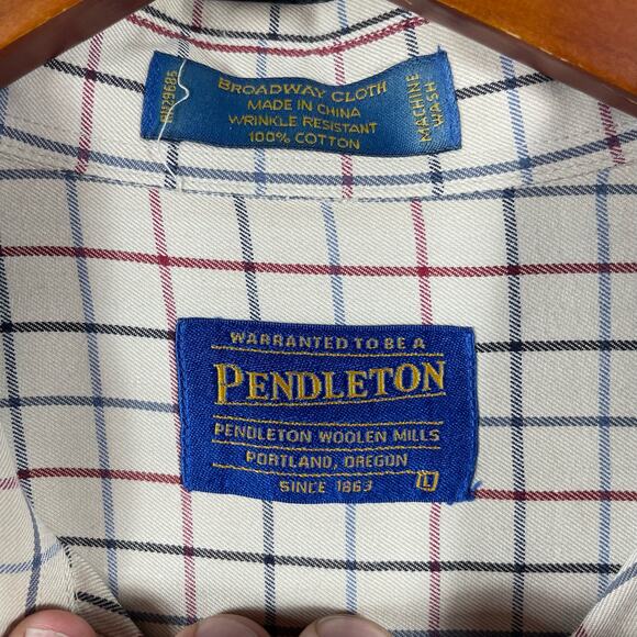 Pendleton Broadway Cloth Button Shirt Men's L Cream Red/Blue Check Long Sleeve - Picture 5 of 12